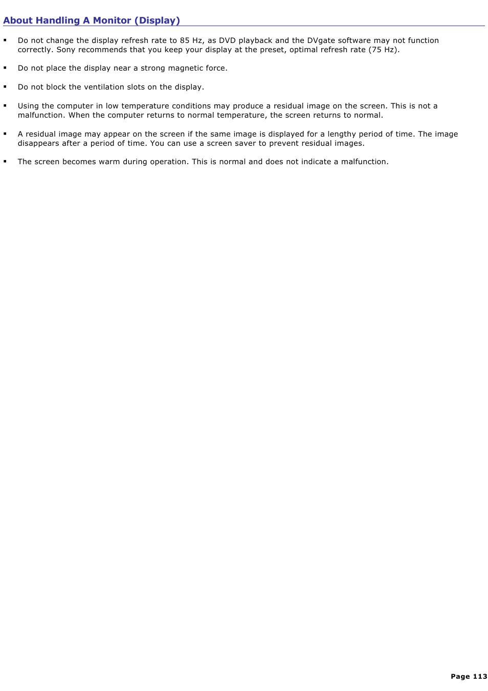 About handling a monitor (display) | Sony PCV-RX820 User Manual | Page 113 / 119