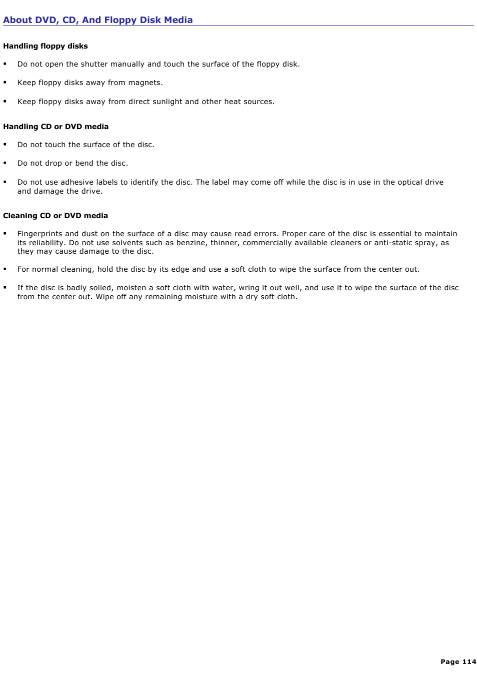 About dvd, cd, and floppy disk media | Sony PCV-RX820 User Manual | Page 114 / 119