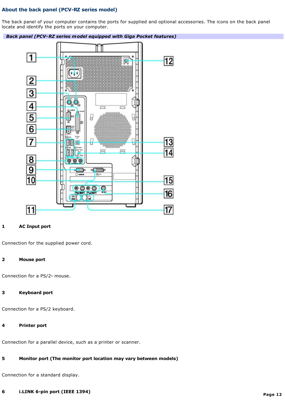 About the back panel (pcv-rz series model) | Sony PCV-RX820 User Manual | Page 12 / 119