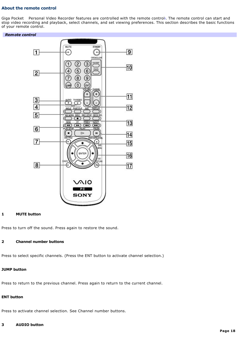 About the remote control | Sony PCV-RX820 User Manual | Page 18 / 119