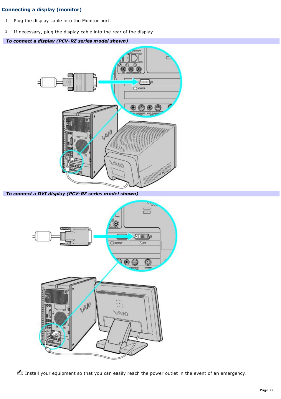 Connecting a display (monitor) | Sony PCV-RX820 User Manual | Page 22 / 119