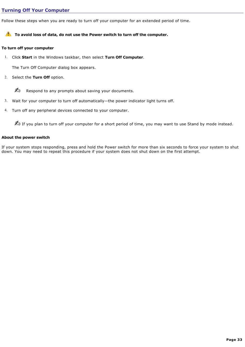 Turning off your computer | Sony PCV-RX820 User Manual | Page 33 / 119