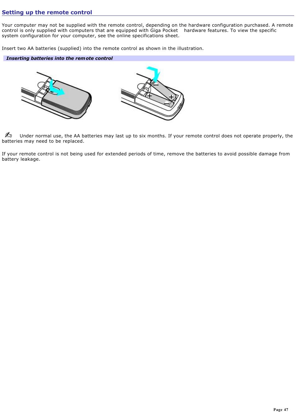 Setting up the remote control | Sony PCV-RX820 User Manual | Page 47 / 119