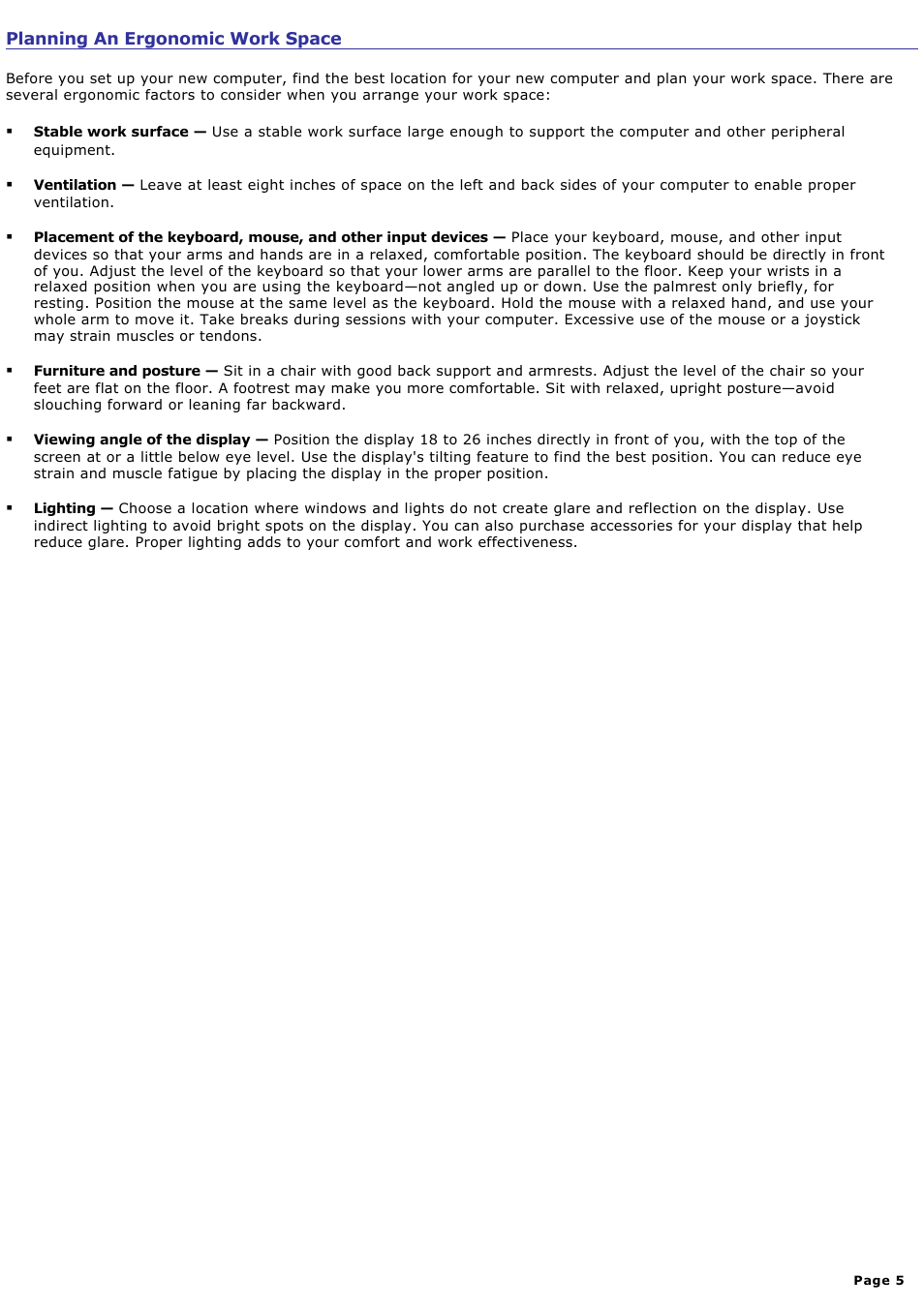 Planning an ergonomic work space | Sony PCV-RX820 User Manual | Page 5 / 119