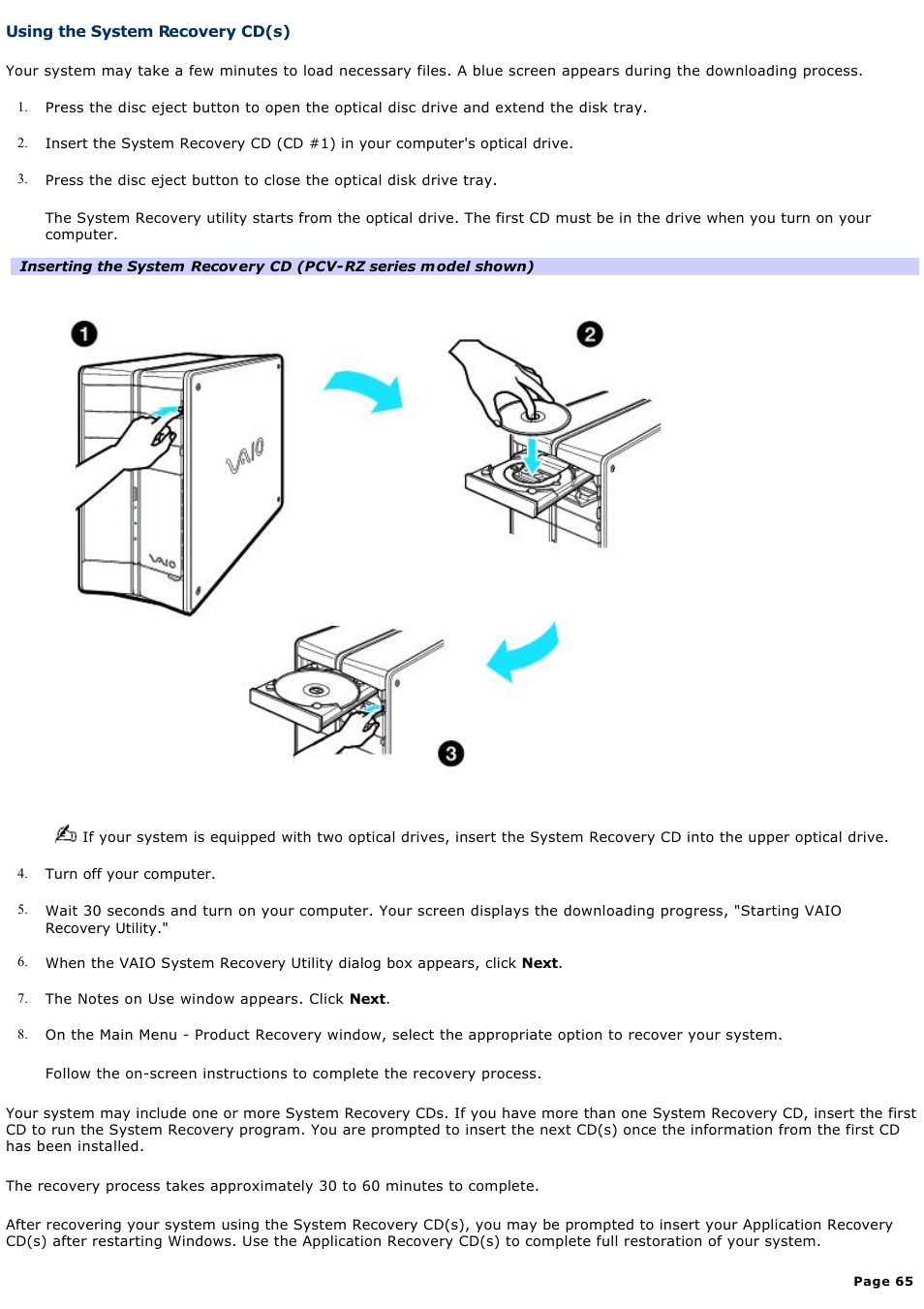 Using the system recovery cd(s) | Sony PCV-RX820 User Manual | Page 65 / 119