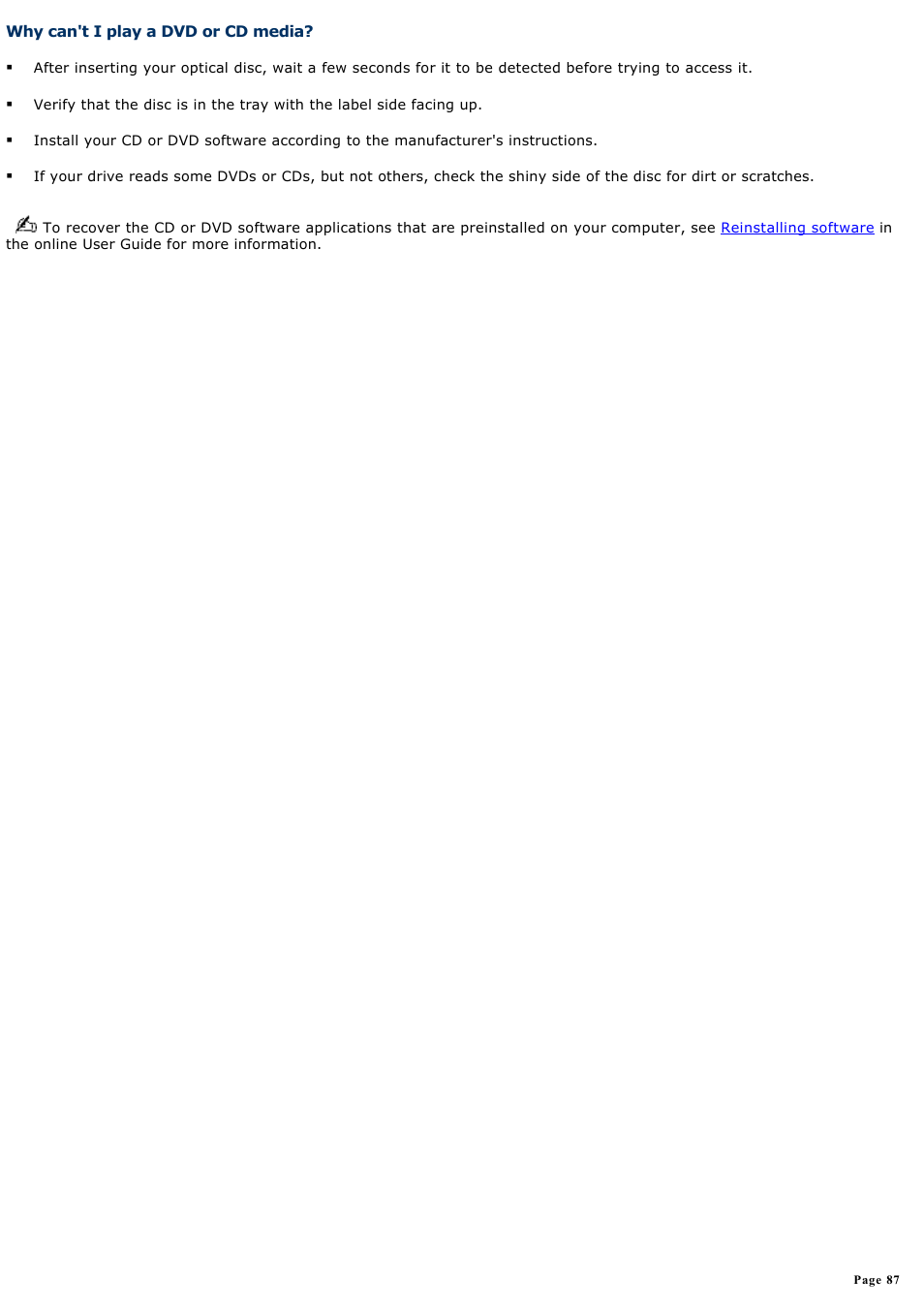 Why can't i play a dvd or cd media | Sony PCV-RX820 User Manual | Page 87 / 119