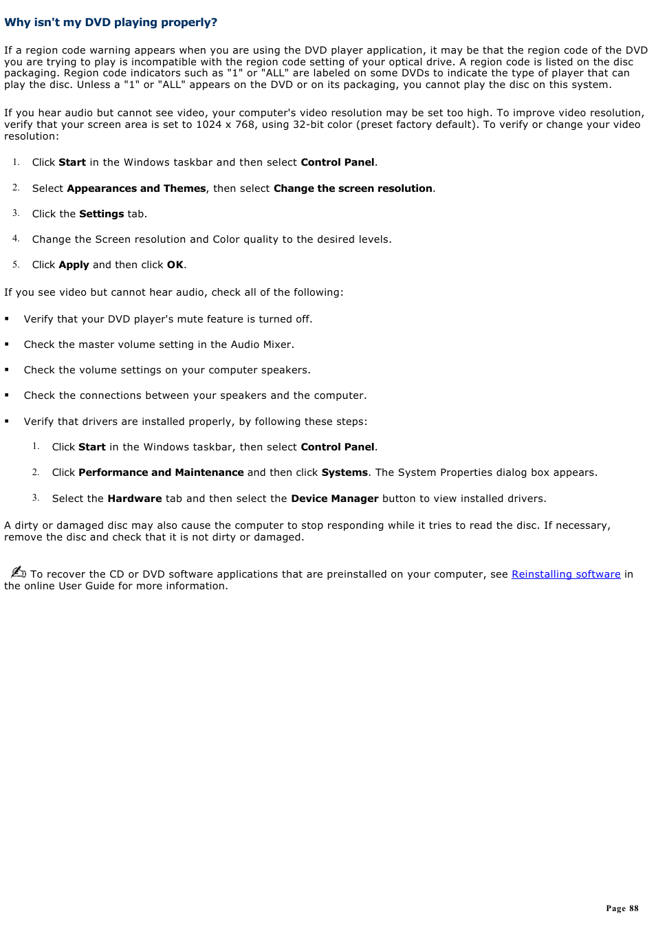 Why isn't my dvd playing properly | Sony PCV-RX820 User Manual | Page 88 / 119
