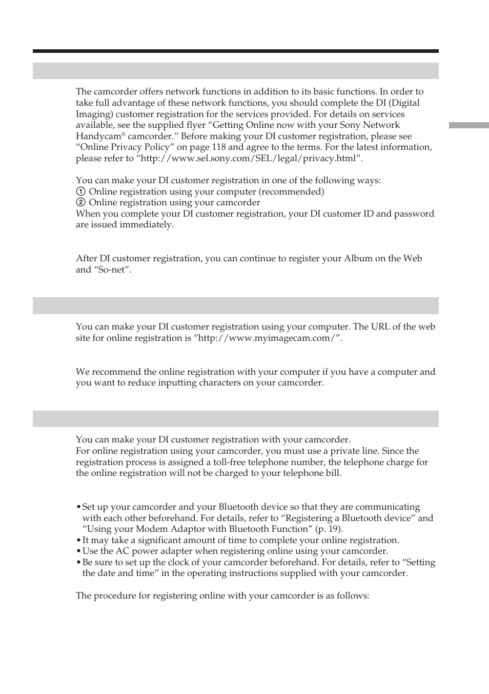 Customer registration, Di customer registration, Online registration using your computer | Online registration with your camcorder | Sony DCR-IP220 User Manual | Page 27 / 132