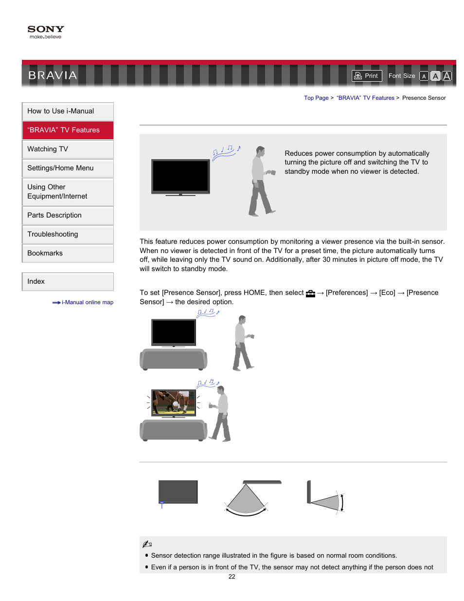Presence sensor | Sony KDL-32EX729 User Manual | Page 22 / 173