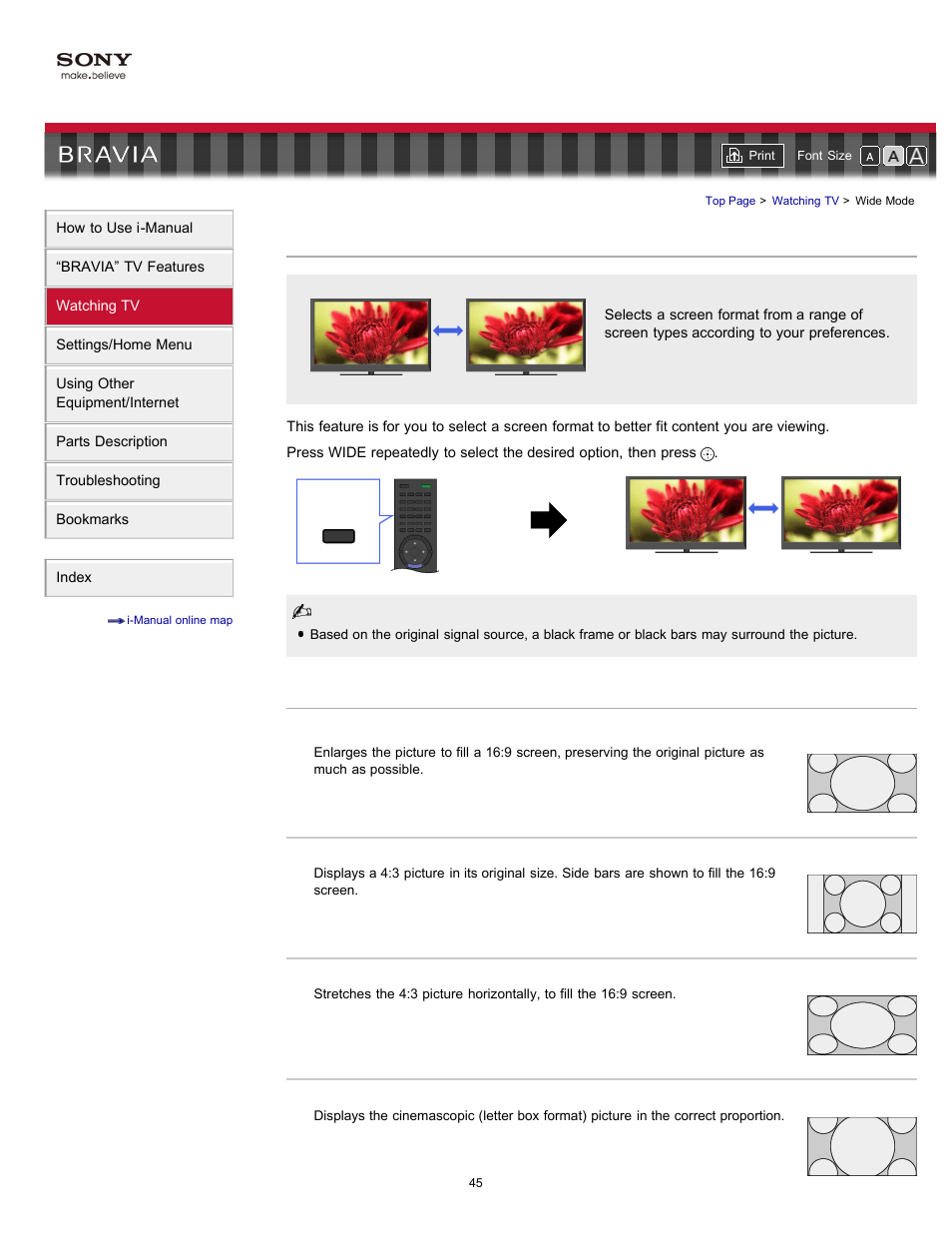 Wide mode, Screen types | Sony KDL-32EX729 User Manual | Page 45 / 173