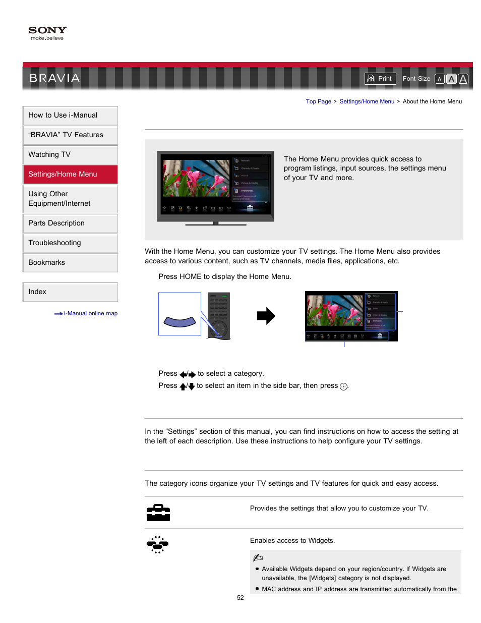 About the home menu, Home, Home menu | Sony KDL-32EX729 User Manual | Page 52 / 173