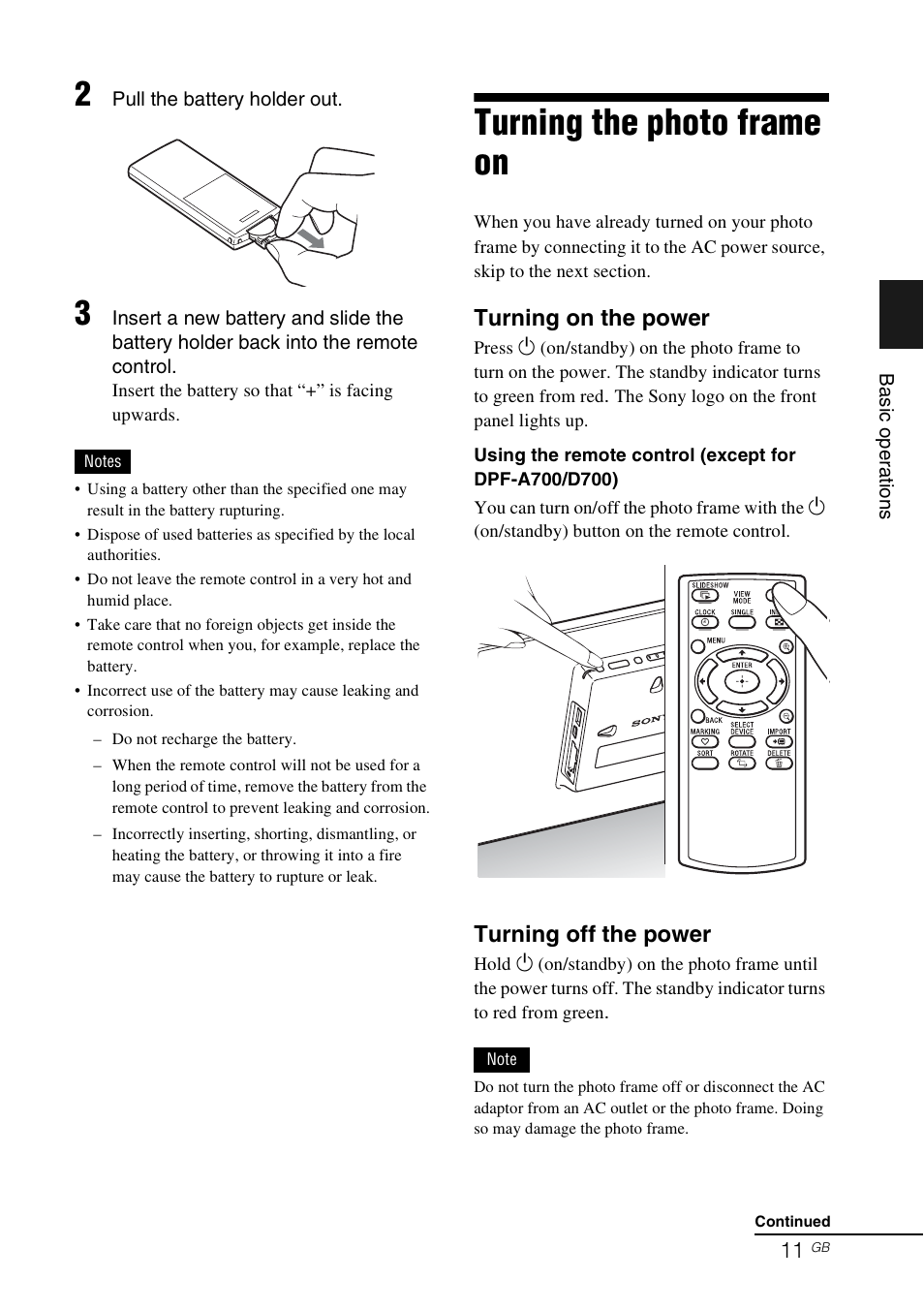 Turning the photo frame on, Turning on the power, Turning off the power | Sony DPF-D1010 User Manual | Page 11 / 55
