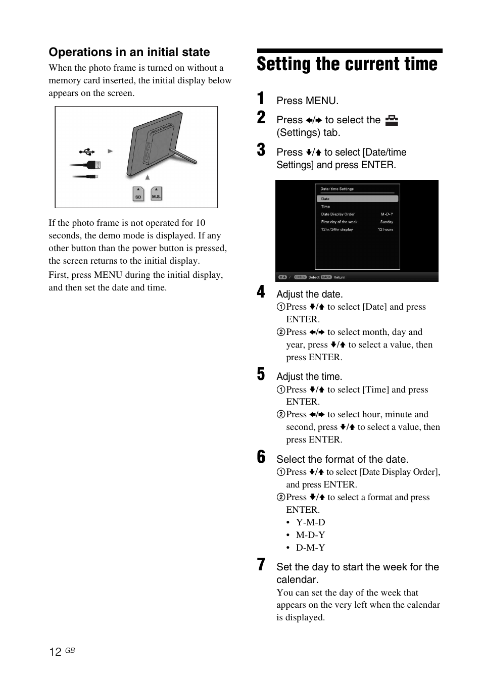 Setting the current time | Sony DPF-D1010 User Manual | Page 12 / 55