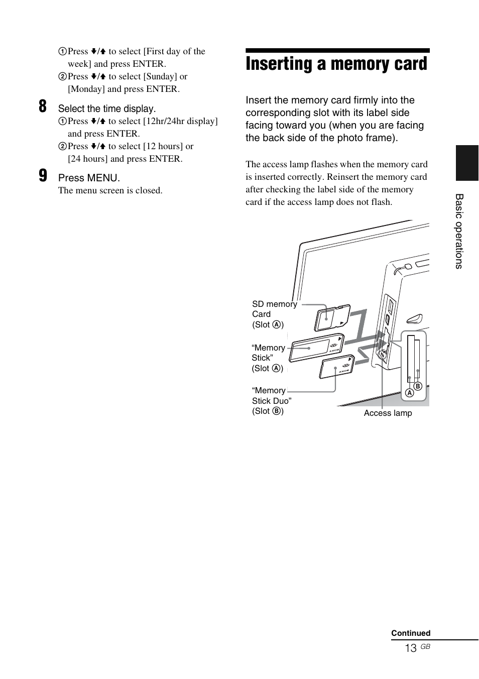 Inserting a memory card | Sony DPF-D1010 User Manual | Page 13 / 55