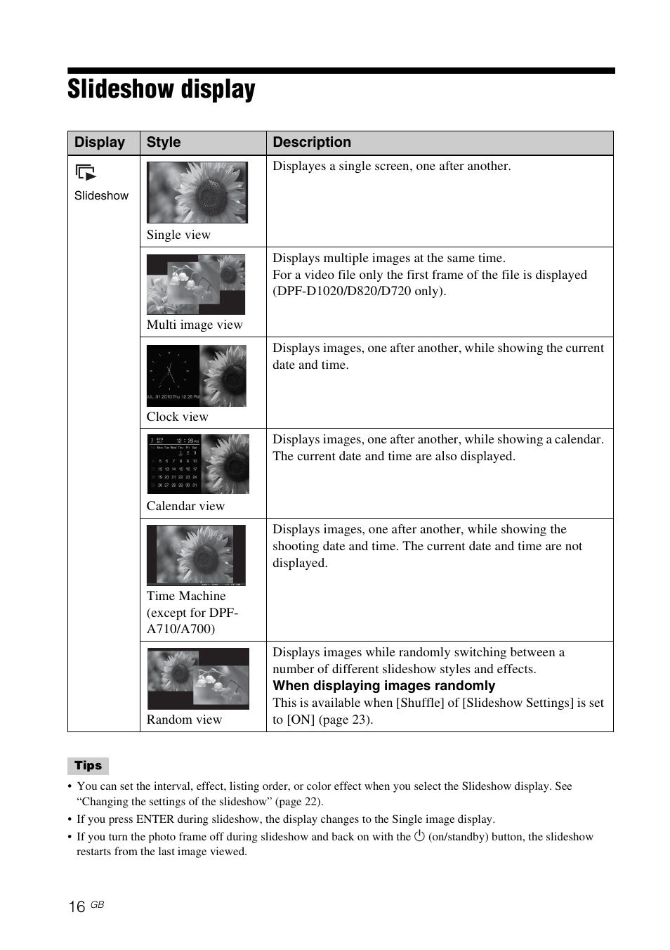 Slideshow display | Sony DPF-D1010 User Manual | Page 16 / 55