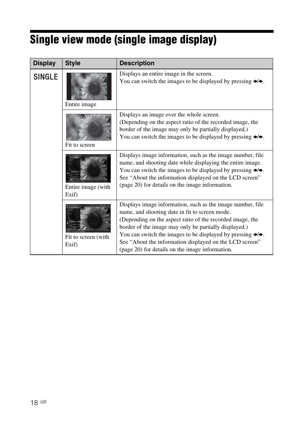 Single view mode (single image display) | Sony DPF-D1010 User Manual | Page 18 / 55