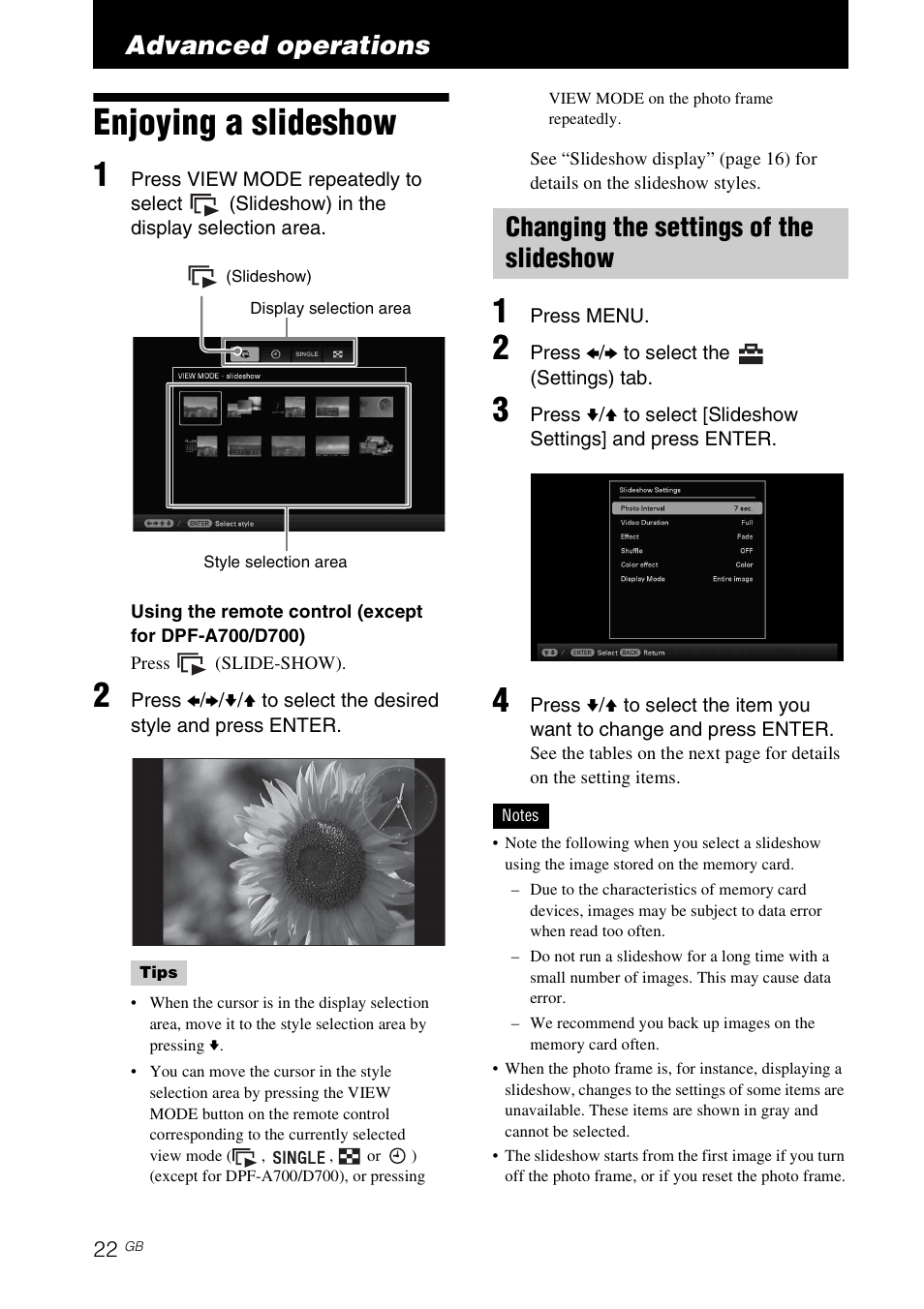 Advanced operations, Enjoying a slideshow, Changing the settings of the slideshow | Sony DPF-D1010 User Manual | Page 22 / 55