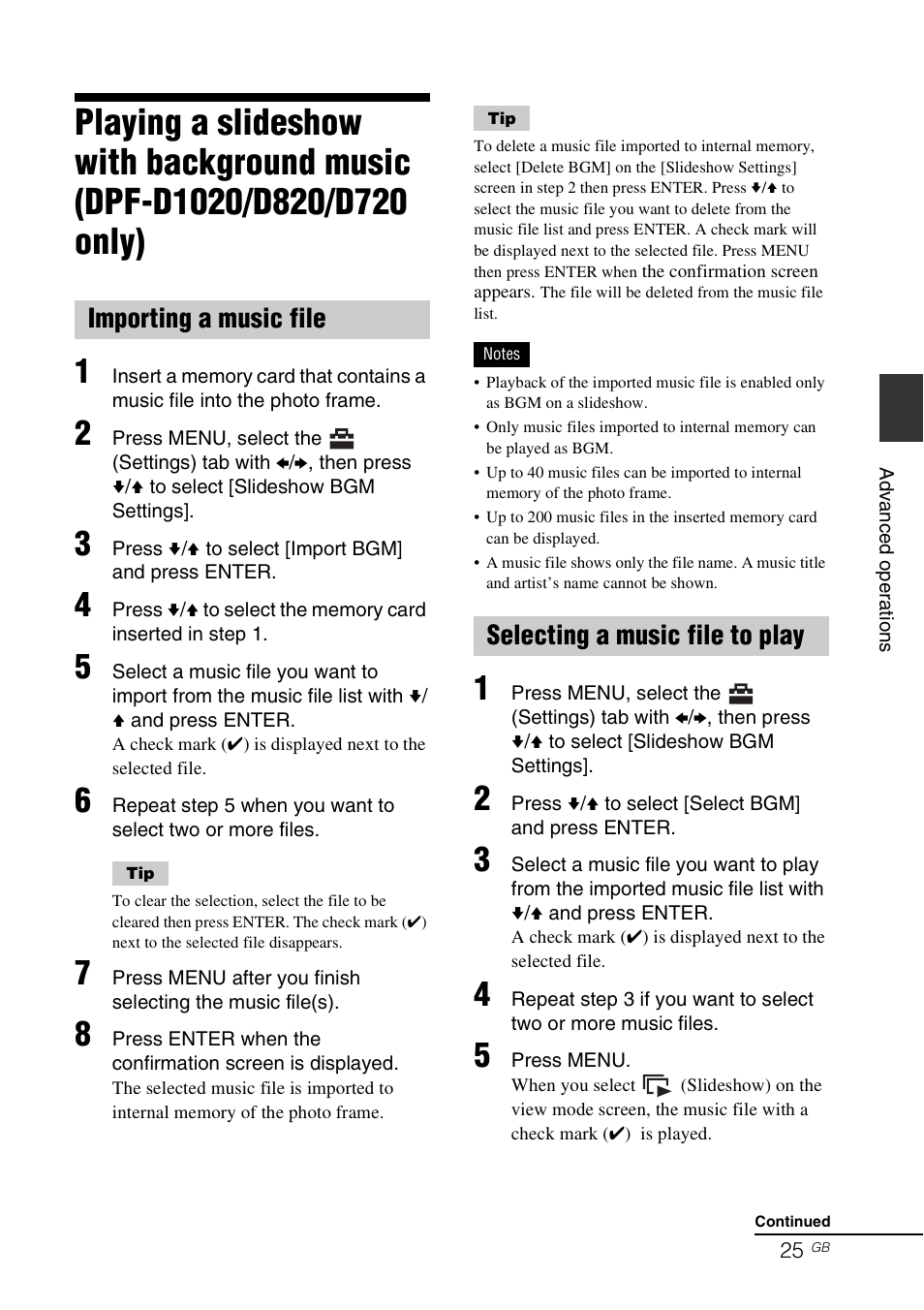 Importing a music file, Selecting a music file to play | Sony DPF-D1010 User Manual | Page 25 / 55