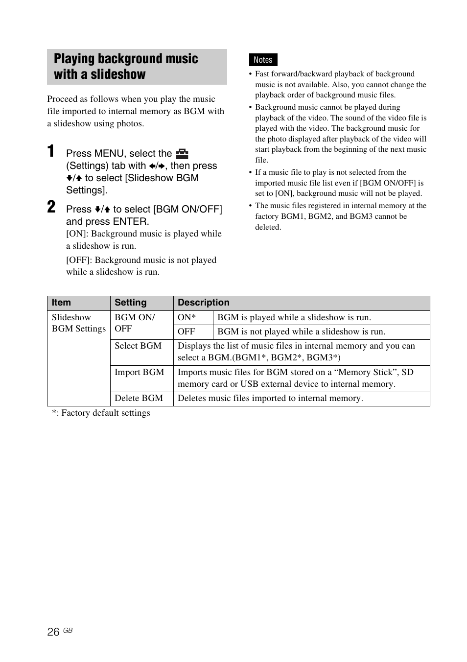 Playing background music with a slideshow | Sony DPF-D1010 User Manual | Page 26 / 55