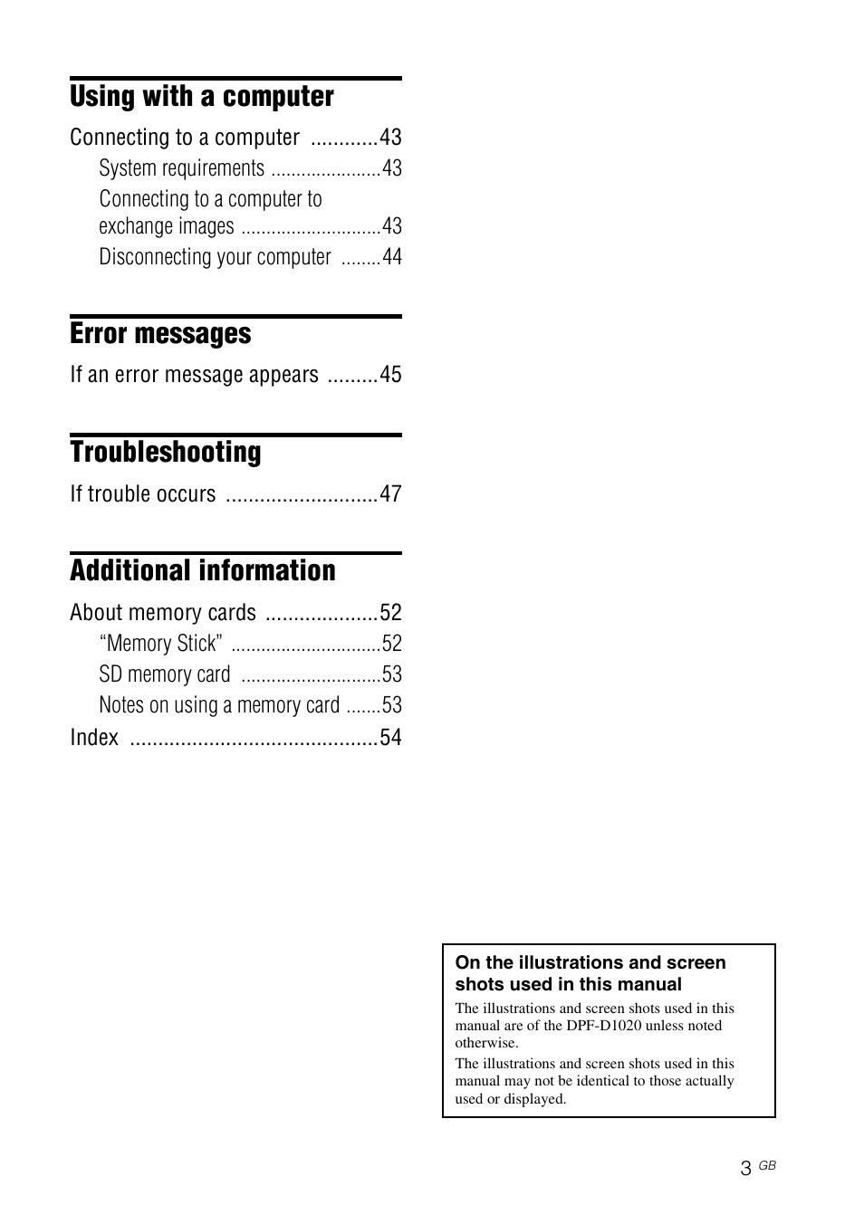 Using with a computer, Error messages, Troubleshooting | Additional information | Sony DPF-D1010 User Manual | Page 3 / 55