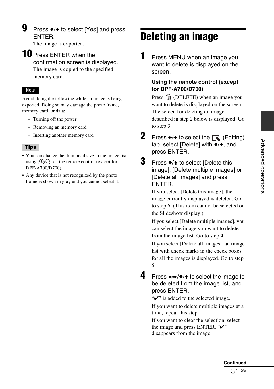 Deleting an image | Sony DPF-D1010 User Manual | Page 31 / 55