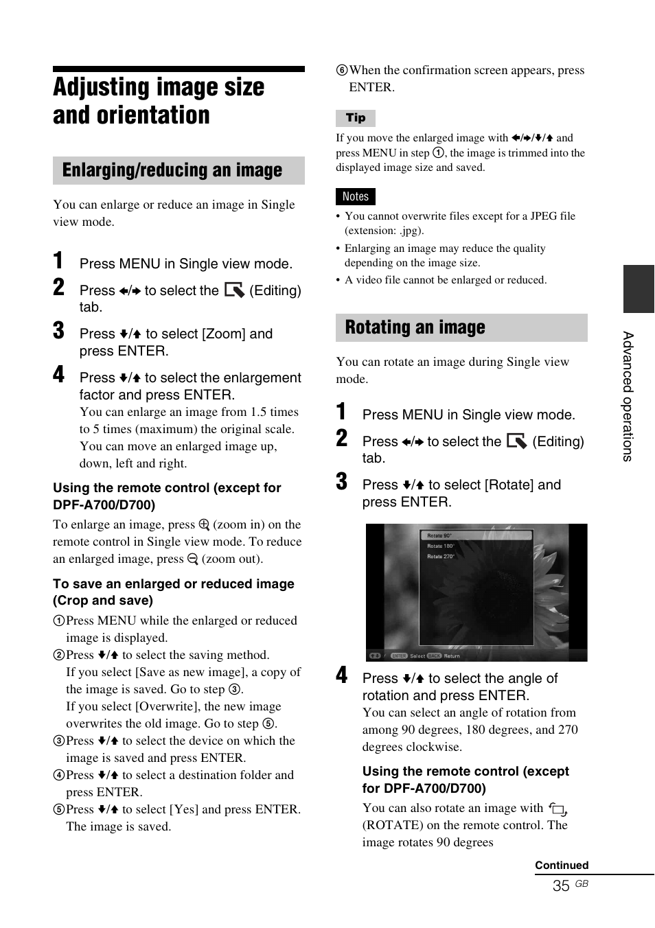 Adjusting image size and orientation, Enlarging/reducing an image, Rotating an image | Enlarging/reducing an image rotating an image | Sony DPF-D1010 User Manual | Page 35 / 55