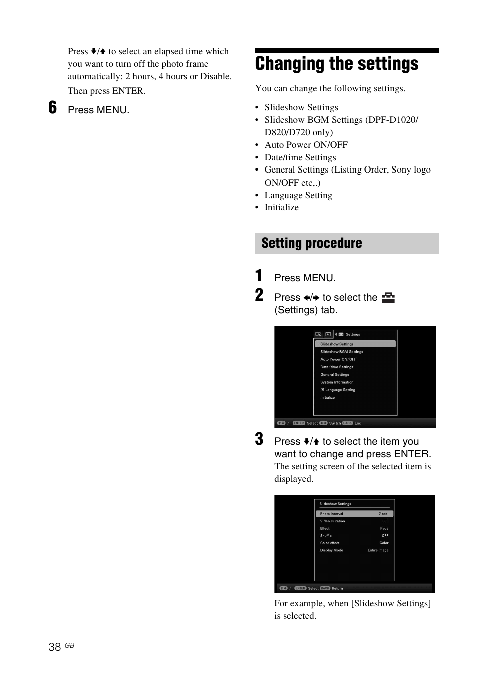 Changing the settings, Setting procedure | Sony DPF-D1010 User Manual | Page 38 / 55