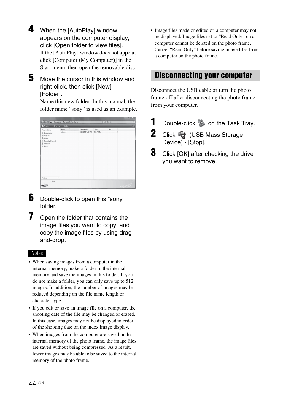 Disconnecting your computer | Sony DPF-D1010 User Manual | Page 44 / 55