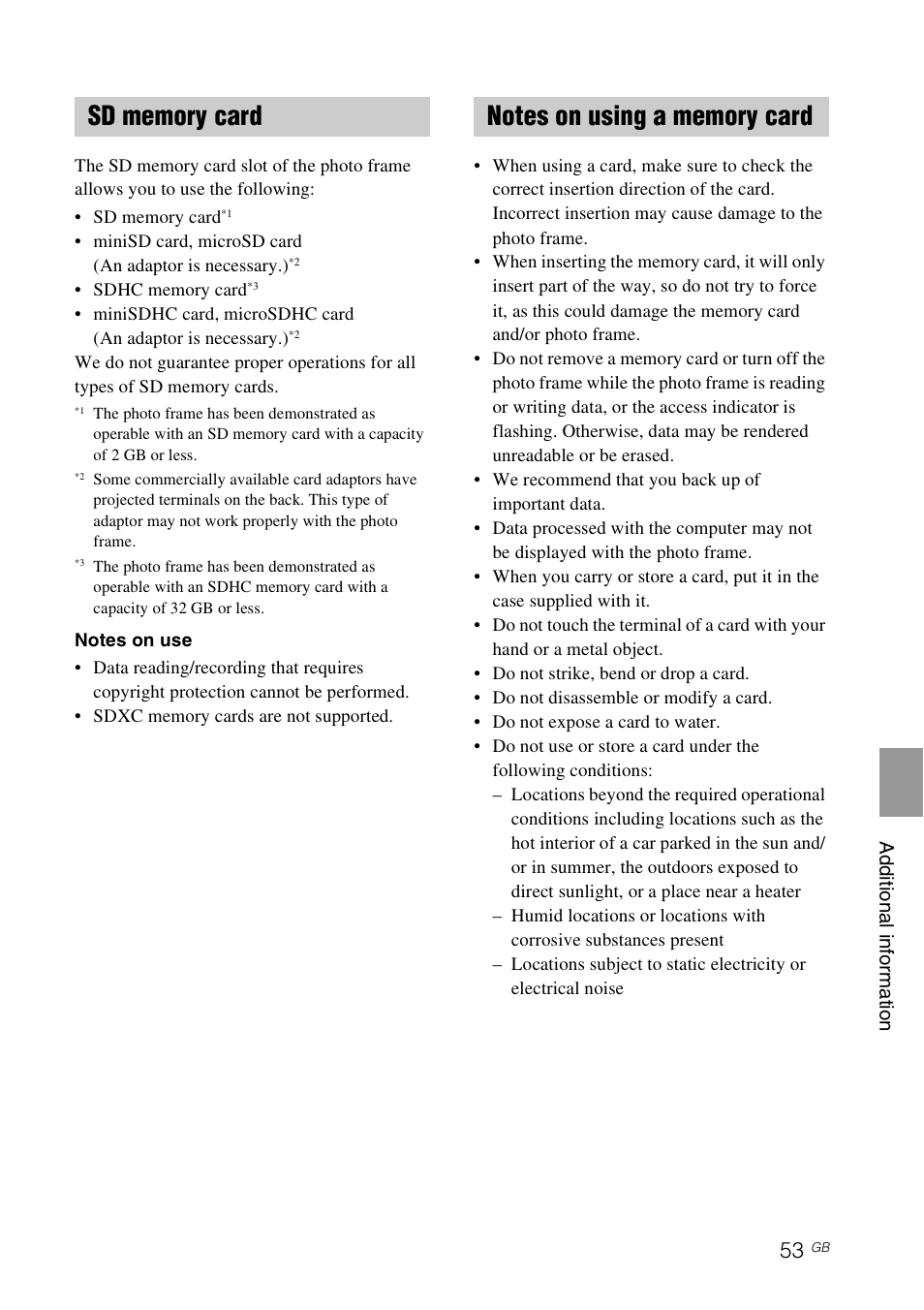 Sd memory card, Notes on using a memory card, Sd memory card notes on using a memory card | Sony DPF-D1010 User Manual | Page 53 / 55