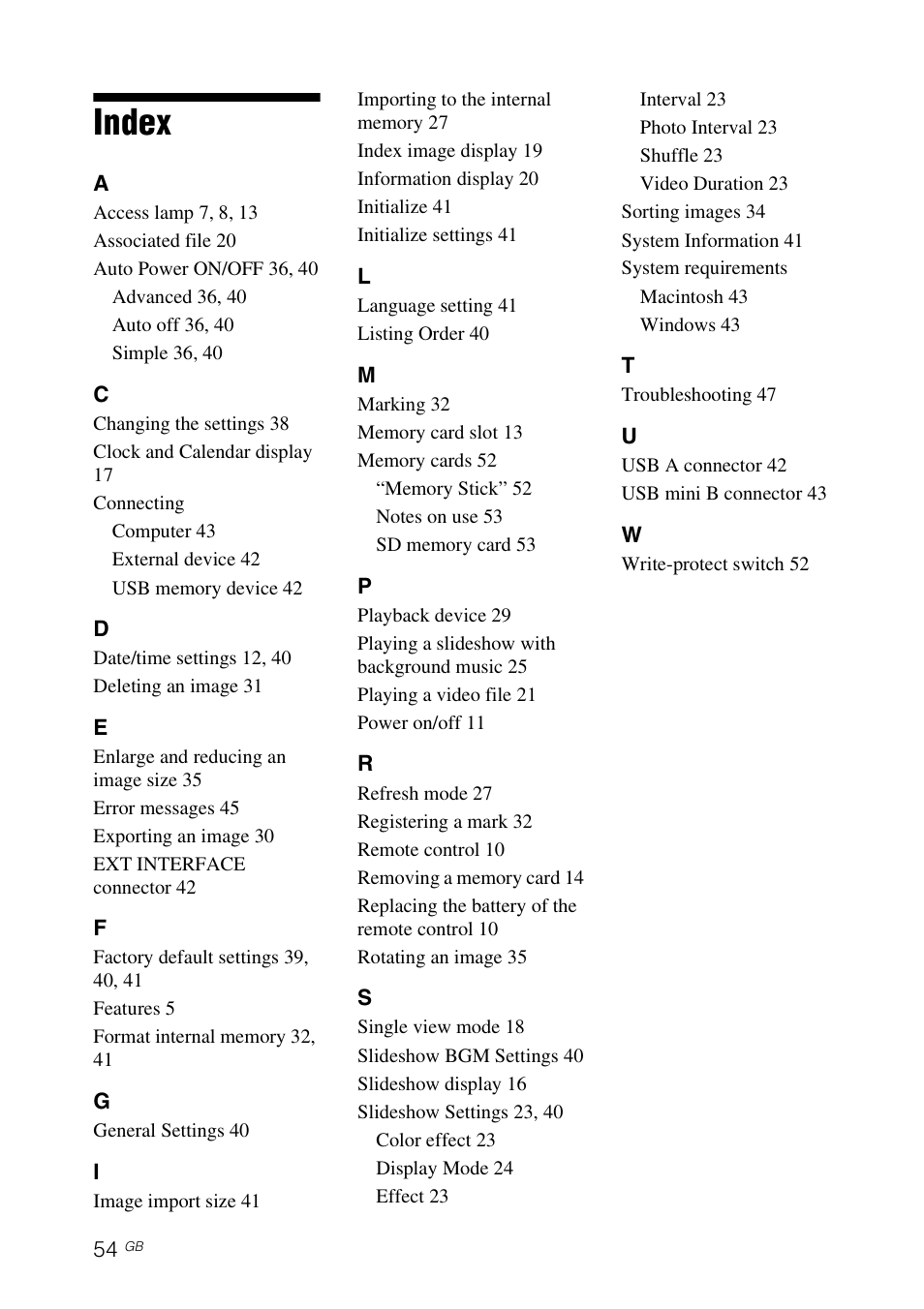Index | Sony DPF-D1010 User Manual | Page 54 / 55