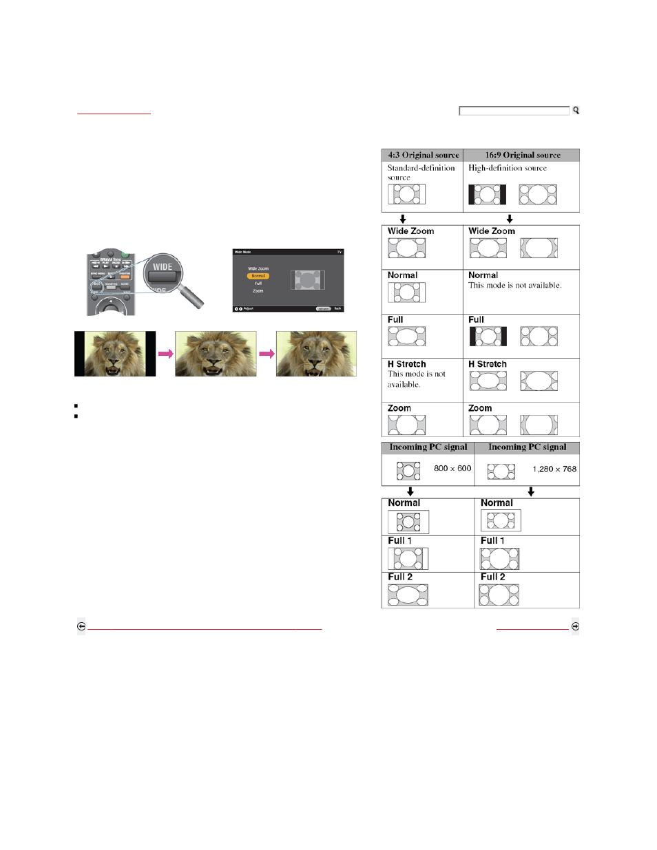 Changing the wide screen mode, Changing the wide screen mode for pc timing, Wide mode | Sony KDL-46W5100 User Manual | Page 177 / 324