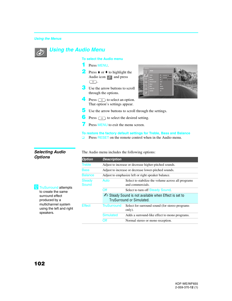 Using the audio menu, Selecting audio options | Sony KDF-55WF655 User Manual | Page 102 / 132