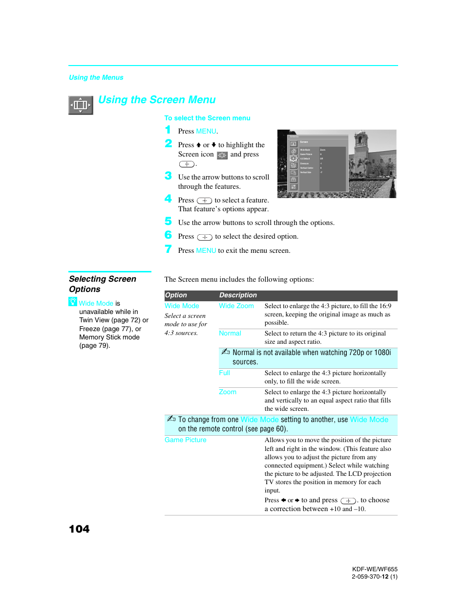 Using the screen menu, Selecting screen options | Sony KDF-55WF655 User Manual | Page 104 / 132