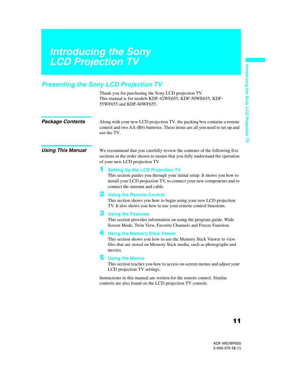 Introducing the sony lcd projection tv, Presenting the sony lcd projection tv, Package contents | Using this manual | Sony KDF-55WF655 User Manual | Page 11 / 132