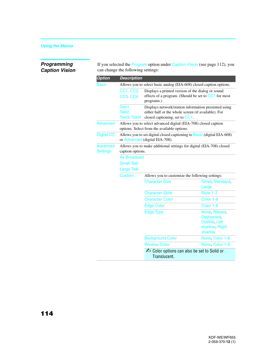 Programming caption vision | Sony KDF-55WF655 User Manual | Page 114 / 132