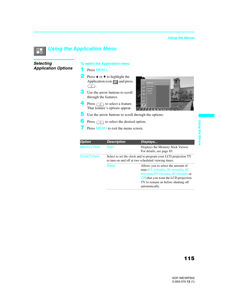 Using the application menu, Selecting application options | Sony KDF-55WF655 User Manual | Page 115 / 132