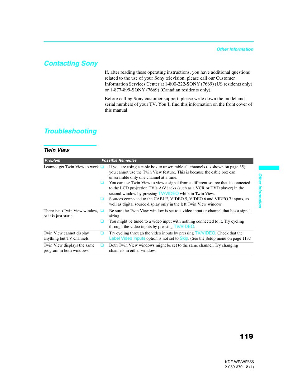 Contacting sony, Troubleshooting, Twin view | Contacting sony troubleshooting | Sony KDF-55WF655 User Manual | Page 119 / 132