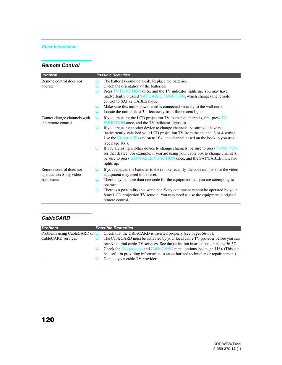 Remote control, Cablecard | Sony KDF-55WF655 User Manual | Page 120 / 132