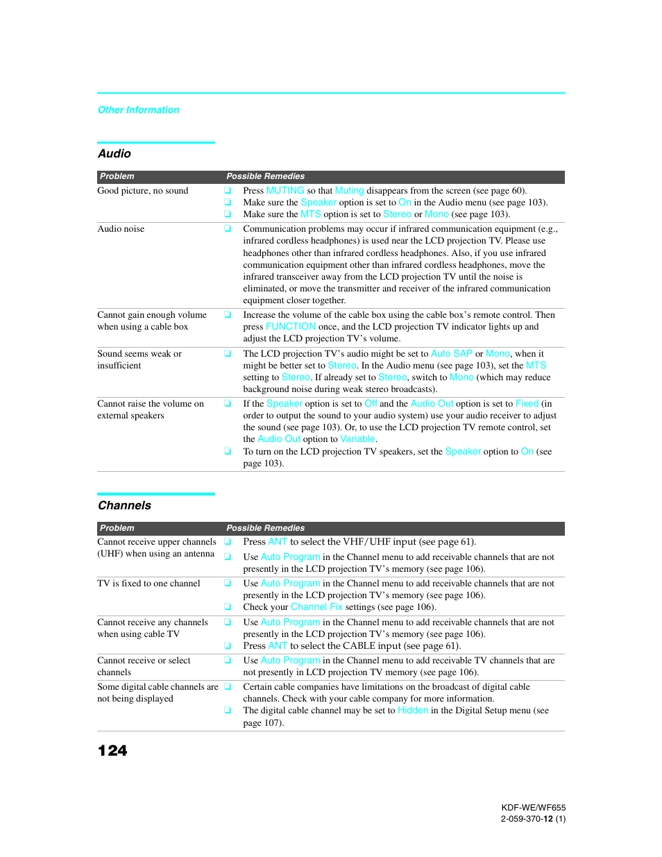 Audio, Channels | Sony KDF-55WF655 User Manual | Page 124 / 132