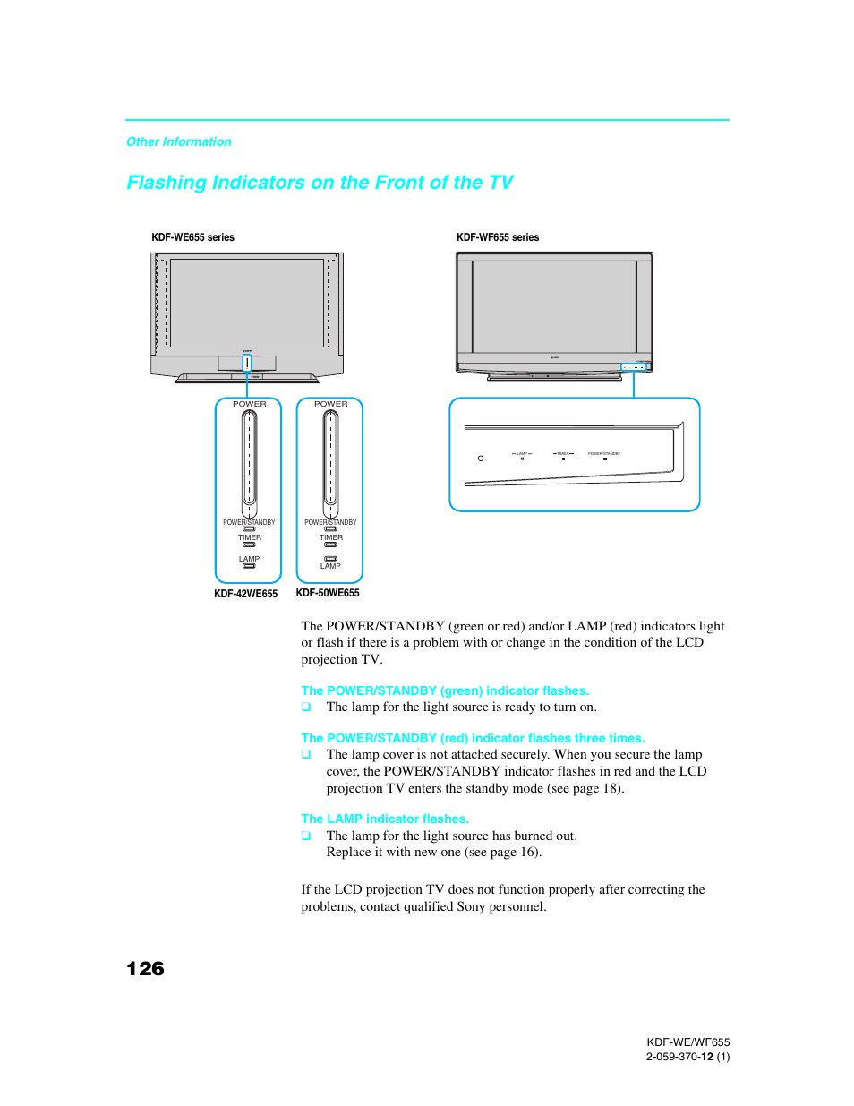 Flashing indicators on the front of the tv | Sony KDF-55WF655 User Manual | Page 126 / 132