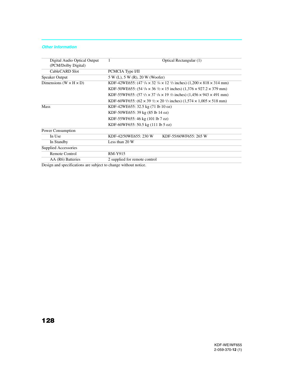 Sony KDF-55WF655 User Manual | Page 128 / 132