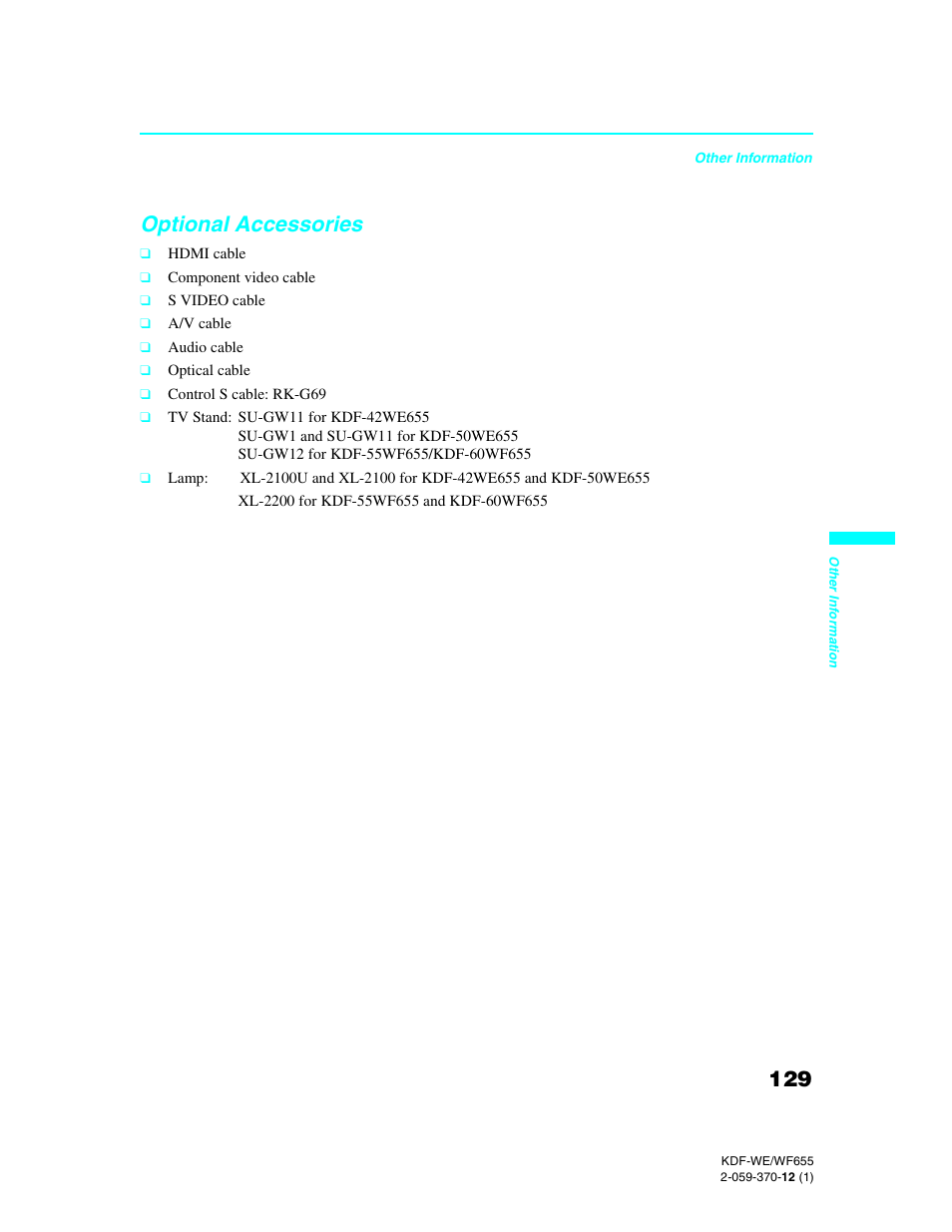 Optional accessories | Sony KDF-55WF655 User Manual | Page 129 / 132