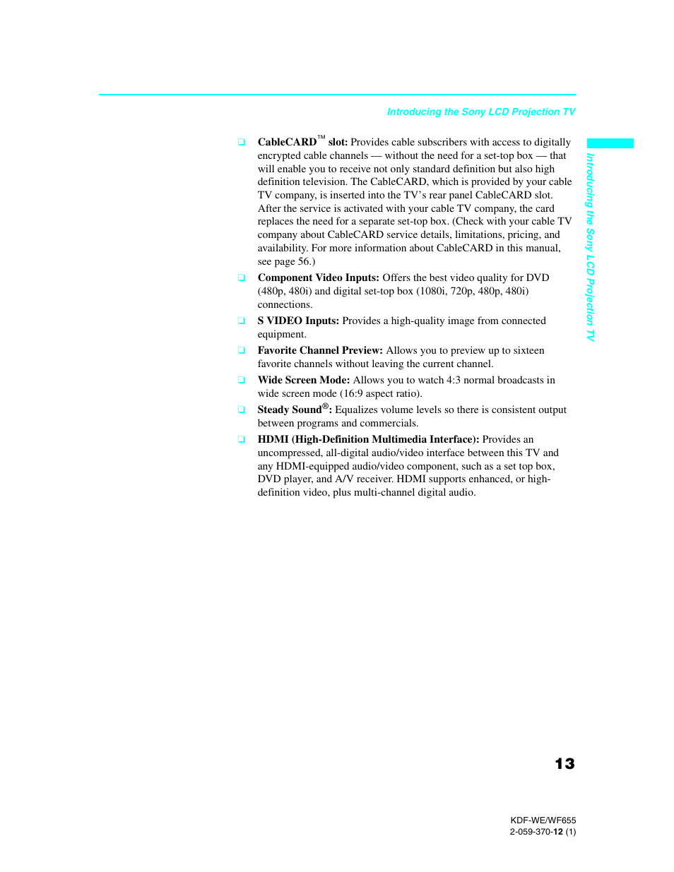 Sony KDF-55WF655 User Manual | Page 13 / 132