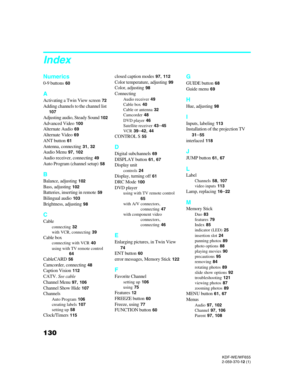 Index | Sony KDF-55WF655 User Manual | Page 130 / 132