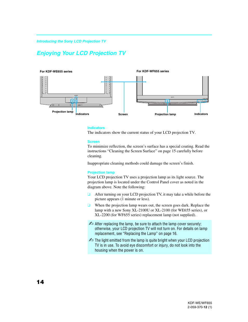 Enjoying your lcd projection tv | Sony KDF-55WF655 User Manual | Page 14 / 132