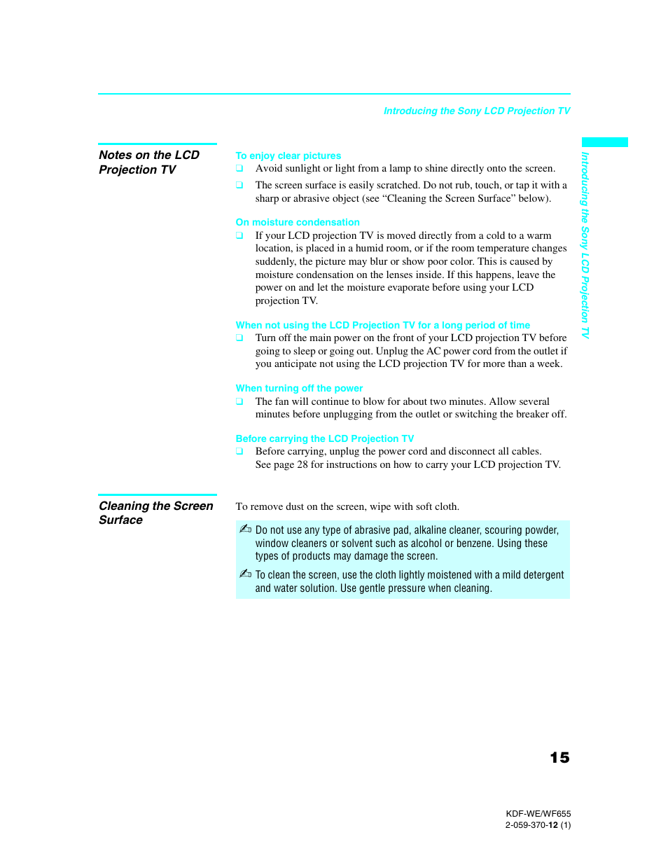 Notes on the lcd projection tv, Cleaning the screen surface | Sony KDF-55WF655 User Manual | Page 15 / 132