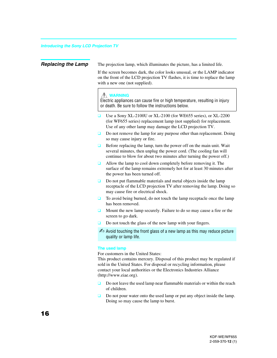 Replacing the lamp | Sony KDF-55WF655 User Manual | Page 16 / 132