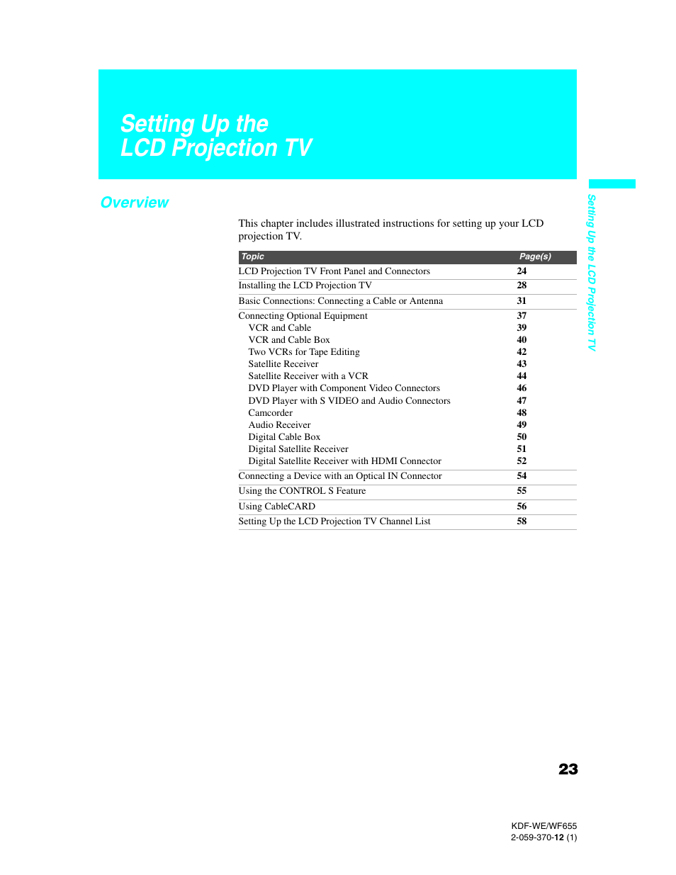 Setting up the lcd projection tv, Overview | Sony KDF-55WF655 User Manual | Page 23 / 132