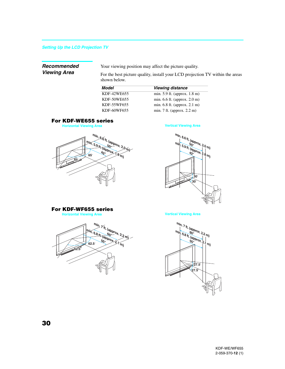 Recommended viewing area, For kdf-we655 series, For kdf-wf655 series | Sony KDF-55WF655 User Manual | Page 30 / 132