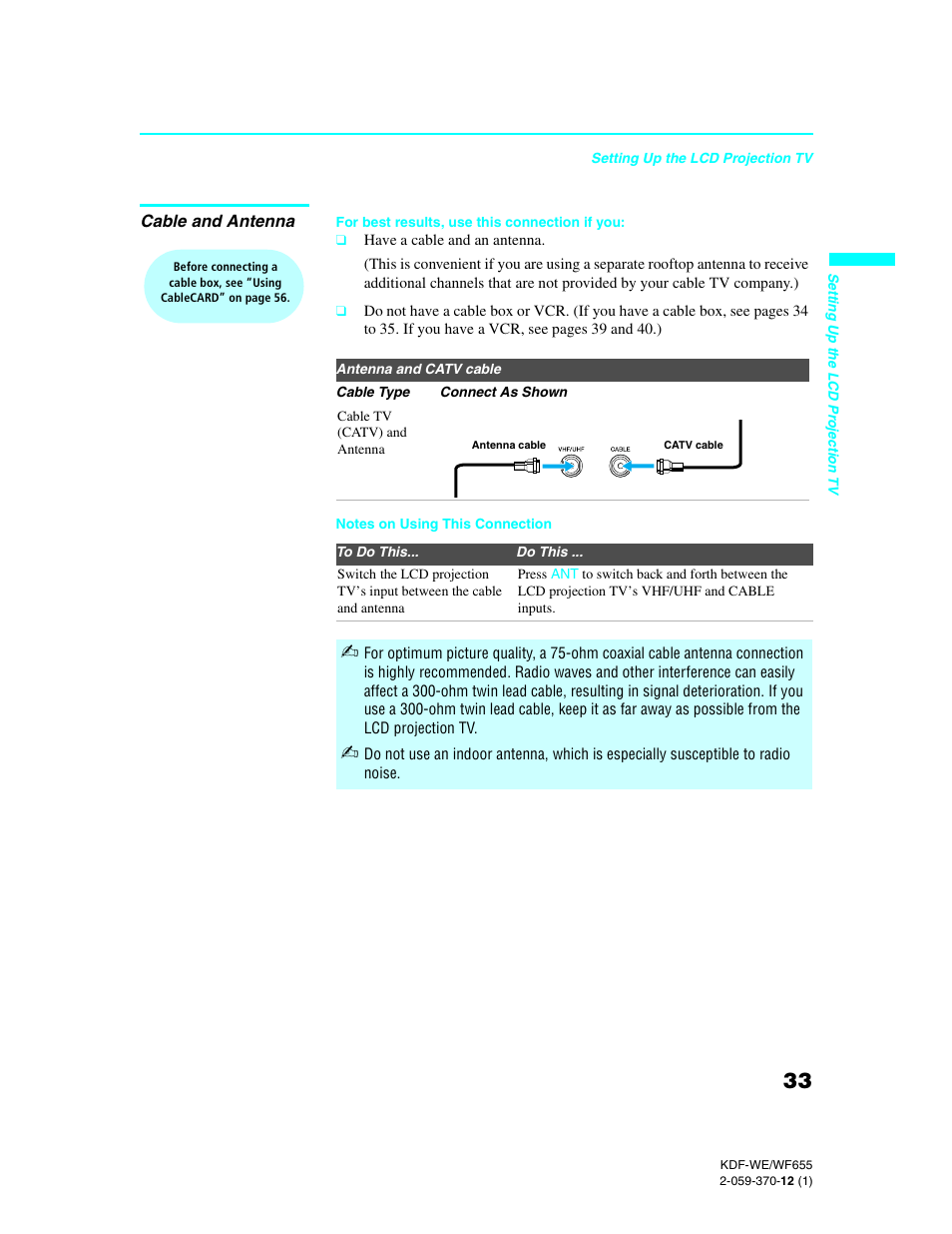 Cable and antenna | Sony KDF-55WF655 User Manual | Page 33 / 132